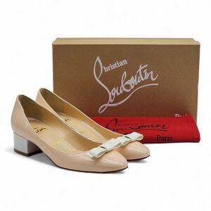 Christian Louboutin Nude Patent Leather Bow Block Heel Pumps